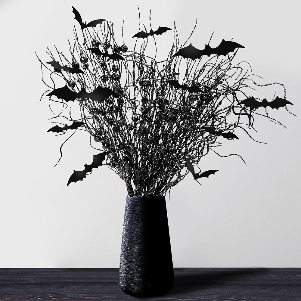 16 Pcs Artificial Halloween Branches Picks Ornaments with 12 Pcs Bats- Fake Black Berry Stems Cur... | Amazon (US)
