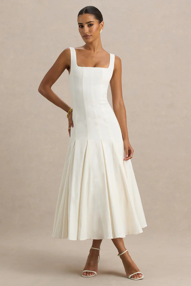 Magnolia | White Scoop-Neck Midi Dress With Drop-Waist And Ruffling Detail | Club L London