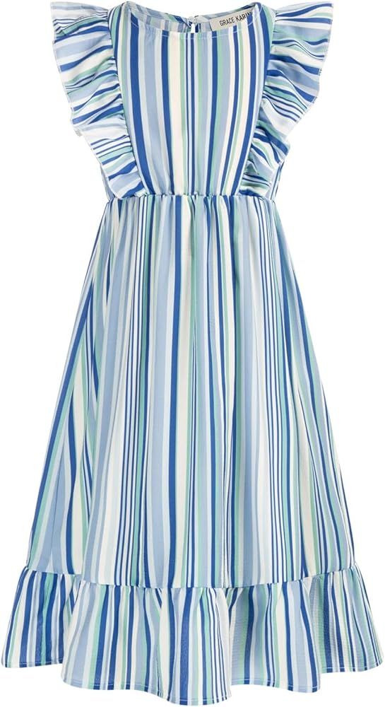 GRACE KARIN Girls Dress Ruffle Sleeve Striped Floral Spring Summer Dress for Kids 6-14Y | Amazon (US)
