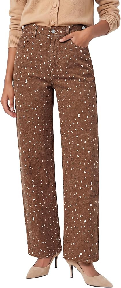 GRAPENT Straight Leg Jeans for Women Deer Print High Waisted Denim Pants | Amazon (US)