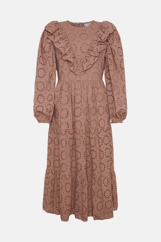 Broderie Frill Front Tiered Midi Dress | Warehouse UK & IE