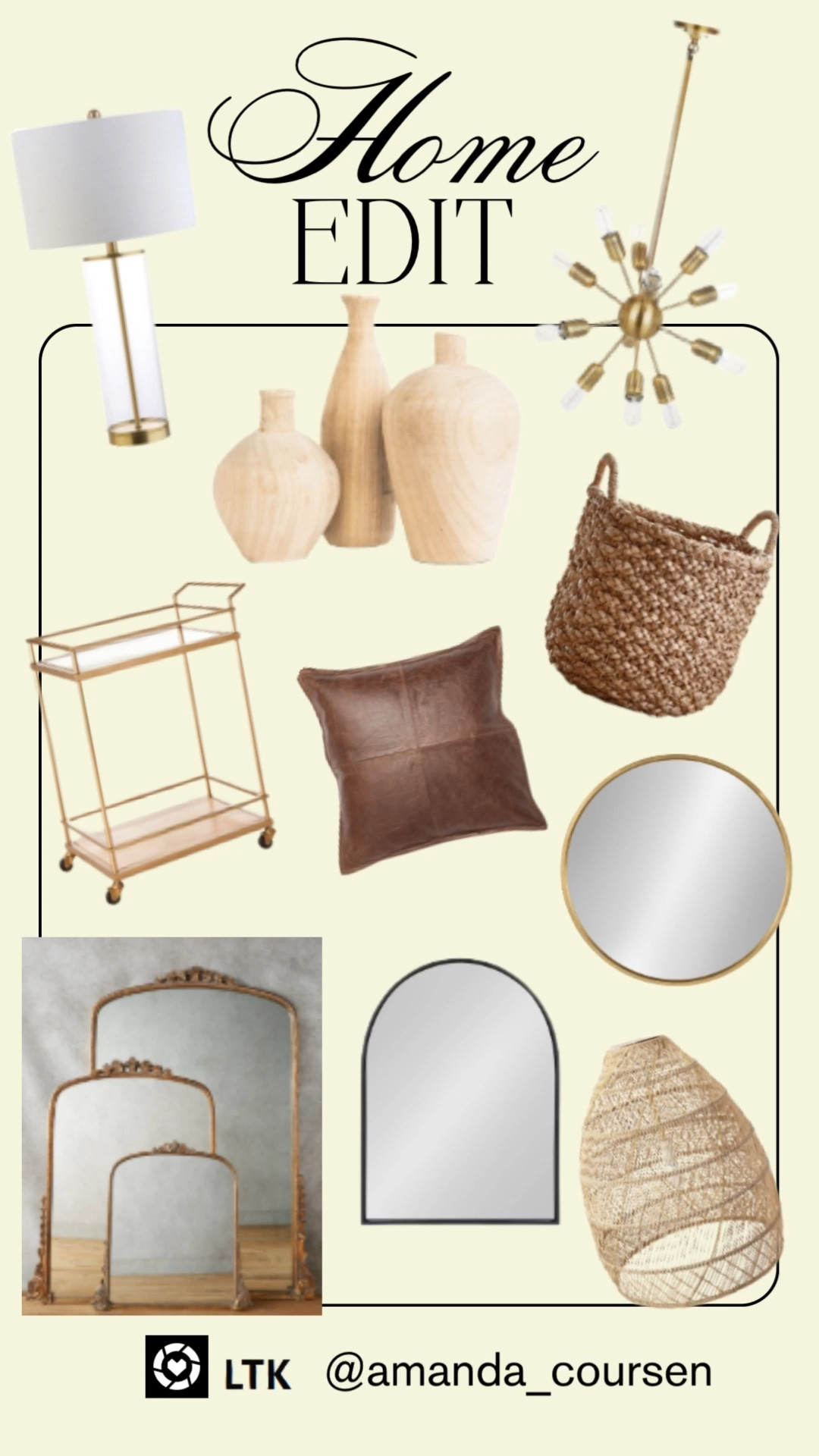 Home accessories are the finishing touches that make a space feel intentional and pulled together. I’m sharing a mix of cozy, functional, and statement pieces that instantly elevate any room—perfect for layering texture, warmth, and personality into your home.

Linked home favorites:
• Statement lighting to set the mood
• A 3-vase set for shelves or tables
• Gold circle mirror
arch mirror
• Rattan light fixture for added texture
• Round basket for stylish storage
• Drink cart for entertaining or everyday use
• Table lamp for soft, cozy lighting
• Brown leather pillow to ground the space

These pieces work beautifully in living rooms, bedrooms, entryways, and home offices.

⸻

#homeaccessories #homedecor #interiordecor #modernhome #cozyhome #neutralhome #homestyling #livingroomdecor #entrywaydecor #homeinspo #ltkhome #ltkfavorites #homefinds #decorinspo