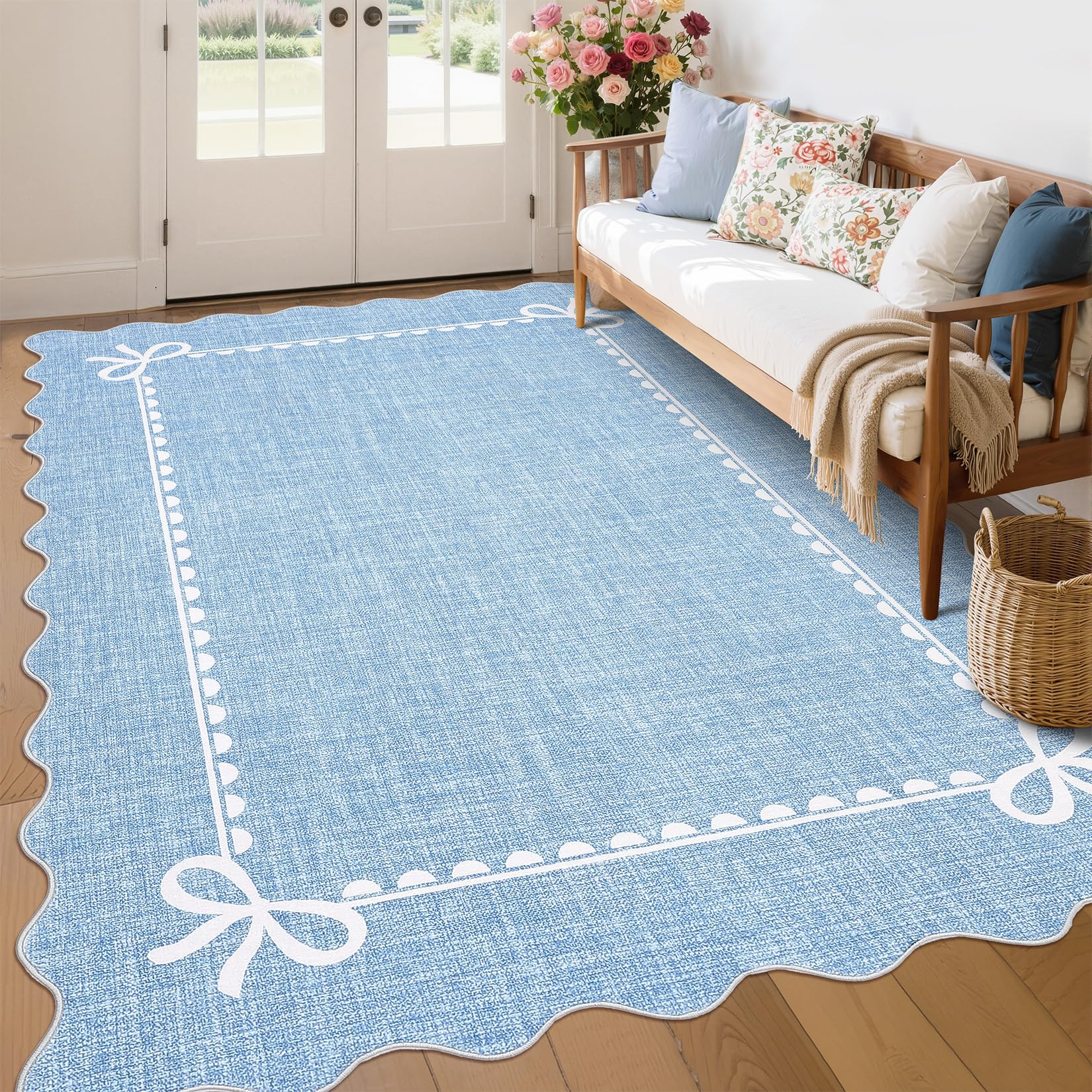 GarveeHome Scalloped Bow Rug for Living Room, Solid Blue Rug for Dorm, Washable Rugs 6x9 Soft Low... | Amazon (US)