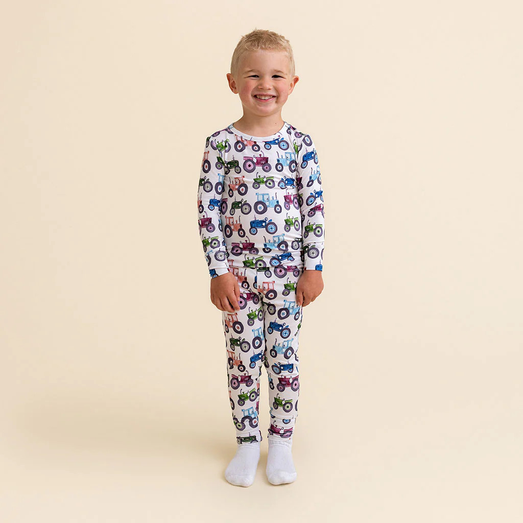 Tractor White Long Sleeve Toddler Pajamas | Jonny | Posh Peanut