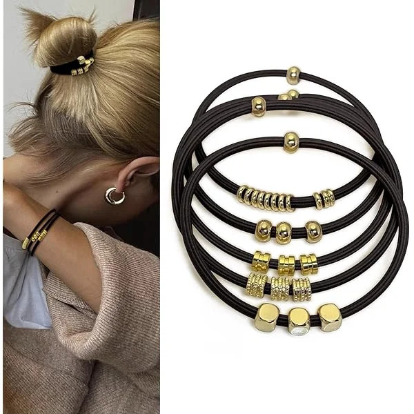 ZCBlack Boho Hair Ties Bracelets for Women, Cute Elastic Pony Tails Hair Ties No Damage Beaded Hair Accessories for Girls Decorative Hair Tie Bracelet with Bead Hair Bands with Gold Jewelry for Gifts - Walmart.com | Walmart (US)