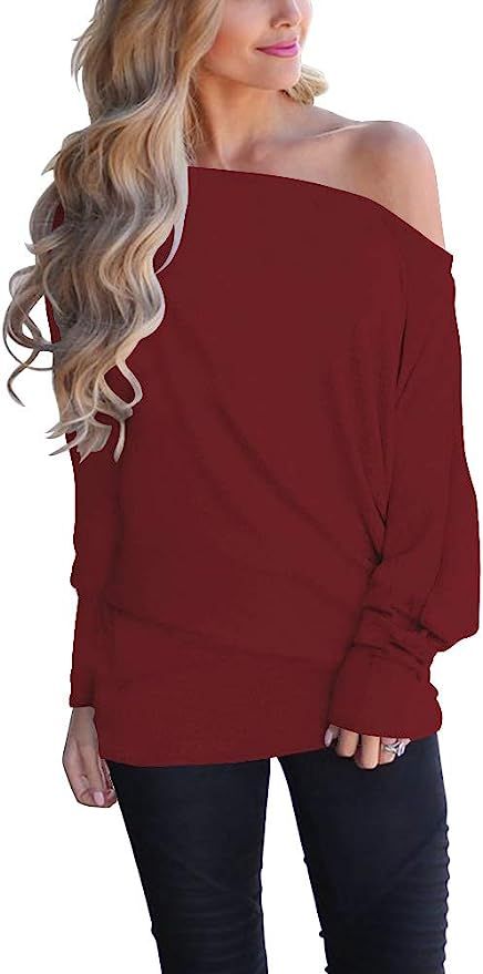 Lacozy Women's Off Shoulder Long Sleeve Oversized Pullover Sweater Knit Jumper Loose Tunic Tops | Amazon (US)