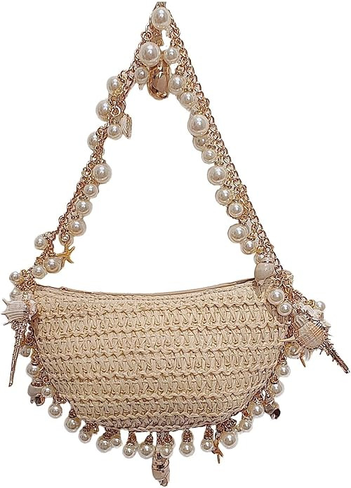 Gets Women Pearl Straw Clutch Purse Woven Summer Beach Evening Bag Wedding Party Straw Shoulder H... | Amazon (US)