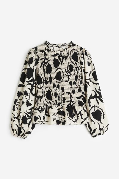 Smocked Cotton Blouse - Light beige/black patterned - Ladies | H&M US | H&M (US + CA)