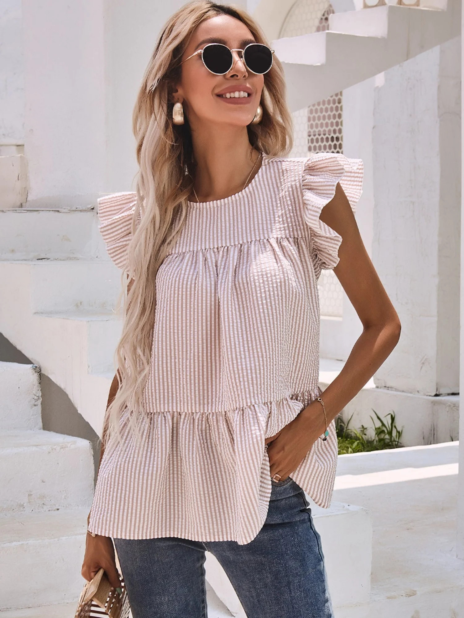 'Hollie' Round Neck Ruffle Sleeve Pleated Top | Goodnight Macaroon