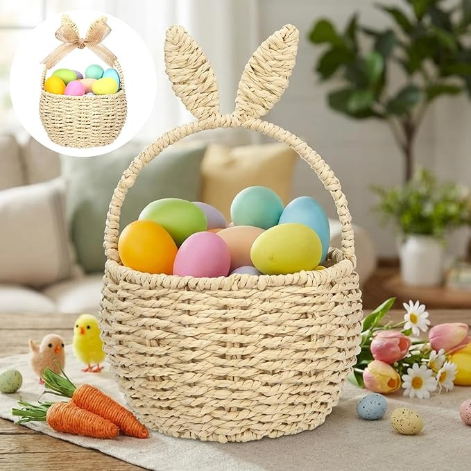 Kathfly Rattan Easter Bunny Basket with Handle 11 x 7 x 5 Inch Handmade Wicker Bunny Ears Picnic ... | Amazon (US)