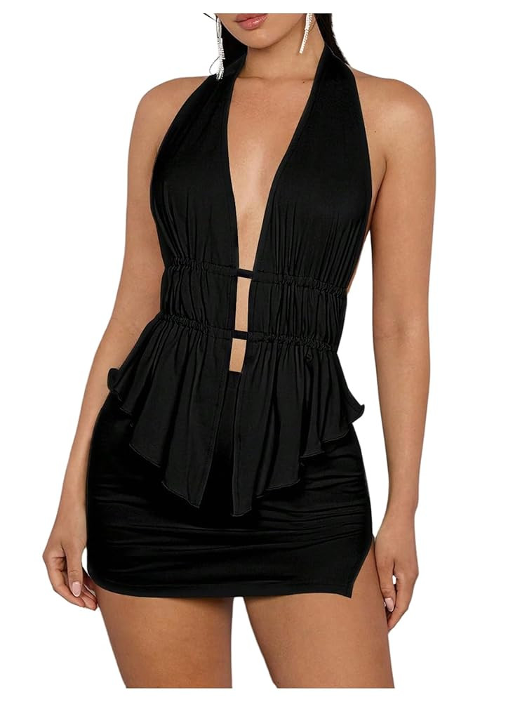 SHENHE Women's Sexy Outfits 2 Piece Y2k Backless Deep V Ruffle Halter Top Bodycon Slit Mini Skirt... | Amazon (US)