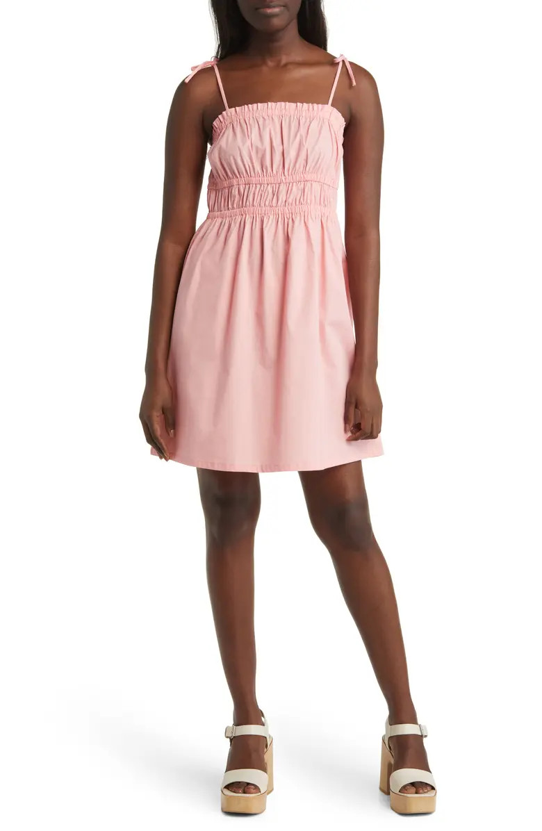 Tie Strap Shirred Stretch Cotton Poplin Sundress | Nordstrom