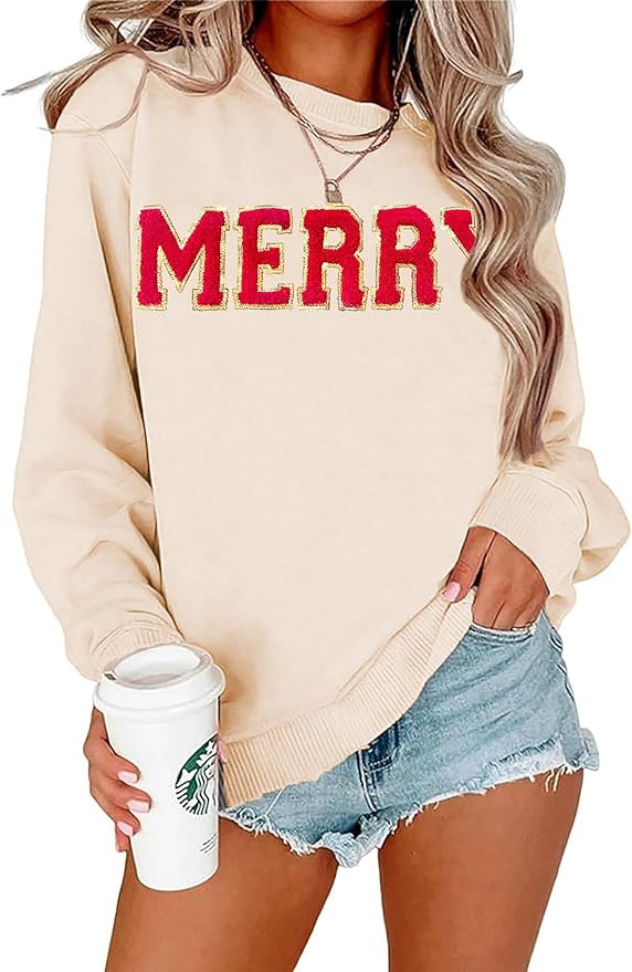 YALUCOR Women Christmas Sweatshirt Merry Christmas Pullover Tops Glitter Chenille Patch Merry Tsh... | Amazon (US)