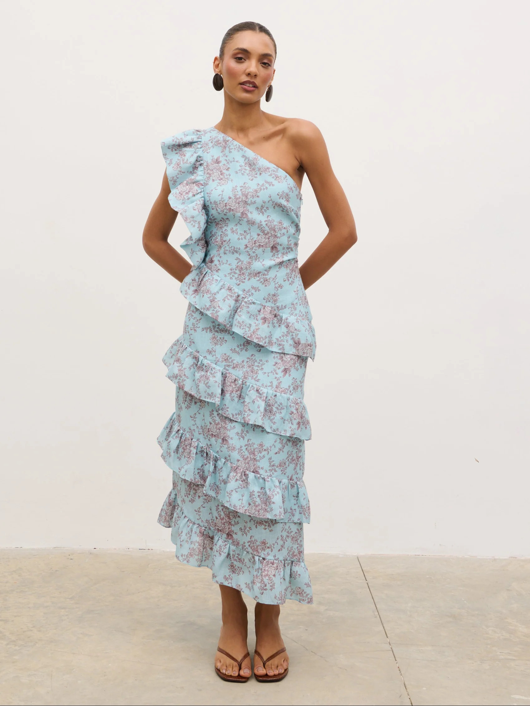 Fleur Tiered Frill One Shoulder Midaxi Dress - Seaspray and Brown Flor | Pretty Lavish (UK)