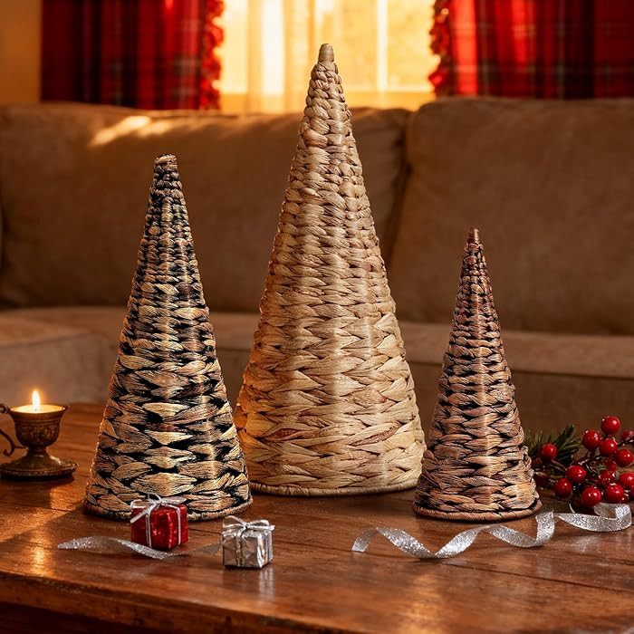 3pcs Woven Water Hyacinth Christmas Trees Decor, Artificial Christmas Tree Decorations for Home P... | Amazon (US)