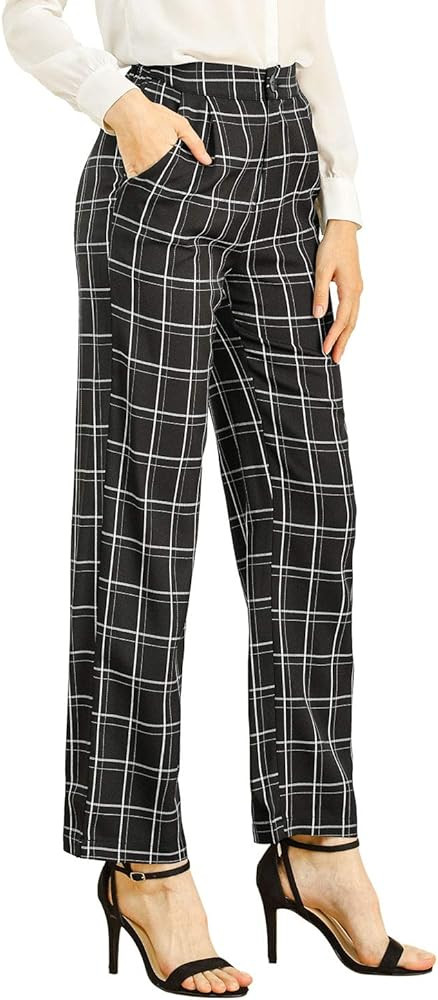 Allegra K Women's Plaid Pants Elastic Waist Casual Work Office Long Trousers | Amazon (US)