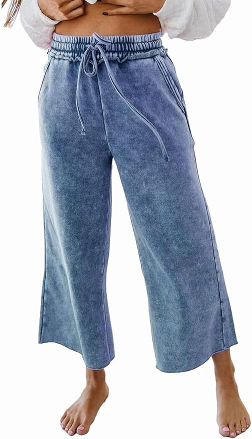 miduo Womens Elastic High Waist Drawstring Wide Leg Cropped Mineral Wash Lounge Pants with Side P... | Amazon (US)