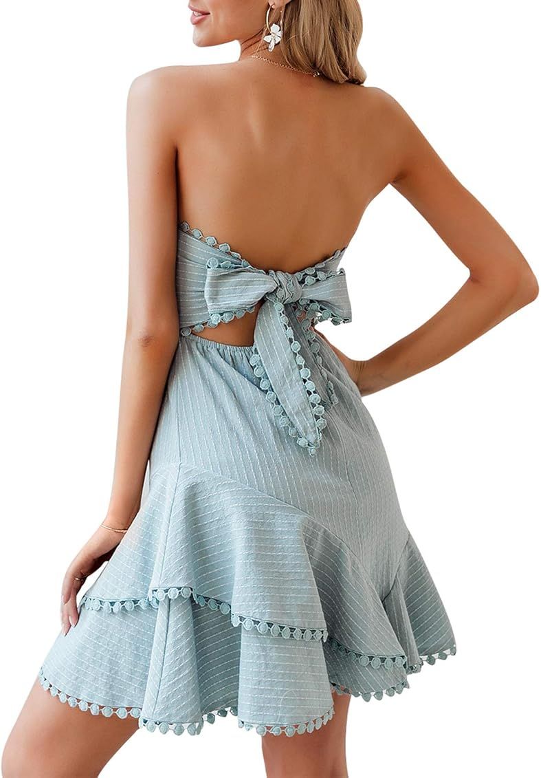 BerryGo Women's Strapless Ruffle A-line Dress Striped Tie Back Dress | Amazon (US)