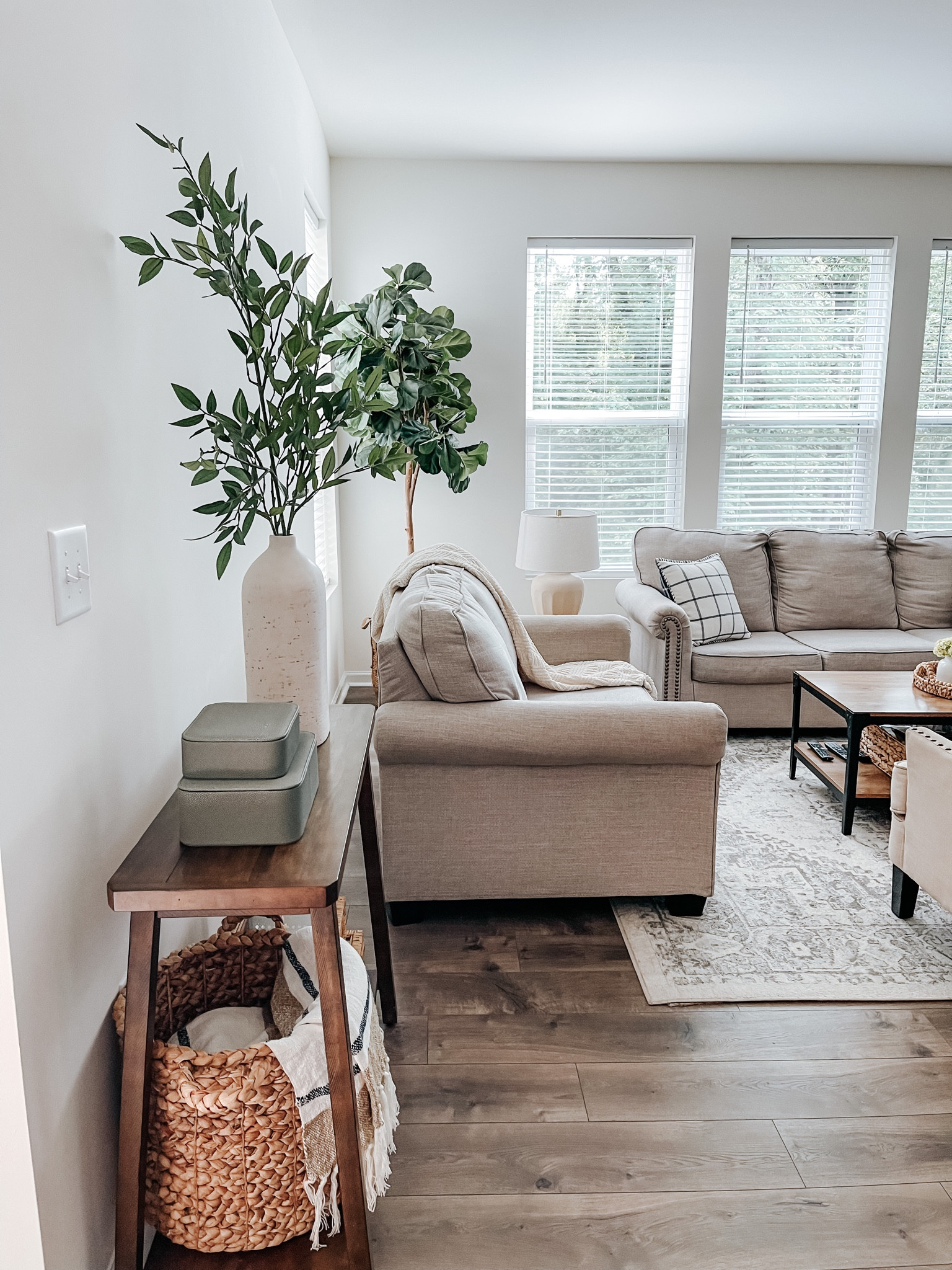 Living room decor. Small console table. Ceramic vase. Ceramic lamp. Fiddle leaf fig tree. Coffee table. Area rug. Neutral home decor. Summer decor  

#LTKFind #LTKhome