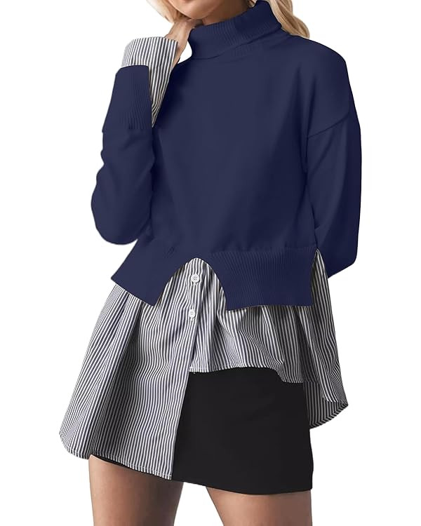 Womens Turtleneck Peplum Patchwork Sweater 2 in 1 Slit Asymmetrical Hem Pullover Sweater Striped ... | Amazon (US)