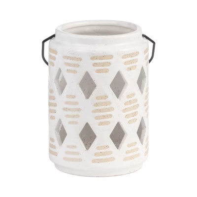 Sagebrook Home 6" Ceramic Lantern - Contemporary Ivory and Beige Diamond Cut-Out Creative Decorative Lantern with Handle for Indoor or Outdoor Use | Target