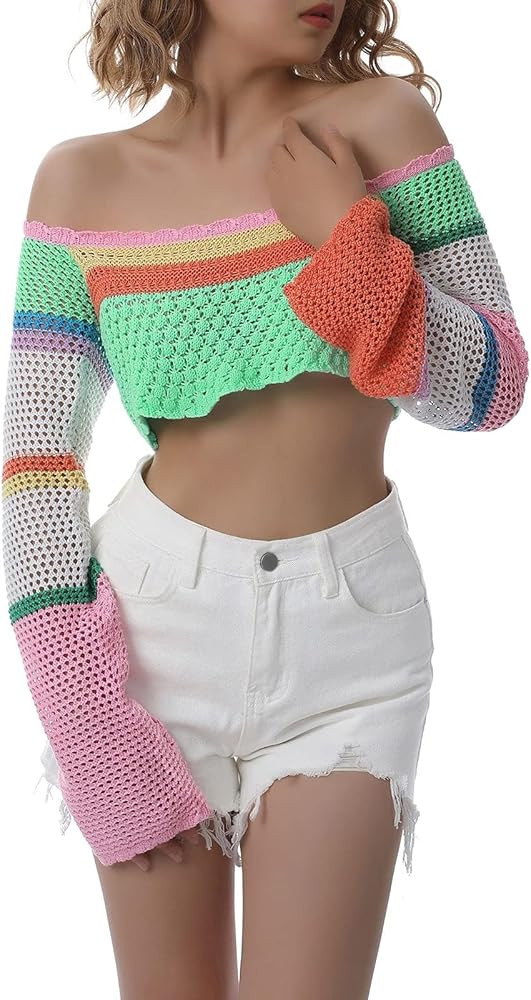 Women Crochet Top Y2k Sweater Long Sleeve Square Collar Color Block Knit Top | Amazon (US)