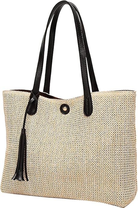 QZUnique Straw Handbags Women's Summer Beach Straw Bucket Tote Bag Straw Woven Handbag Tassel Sho... | Amazon (US)