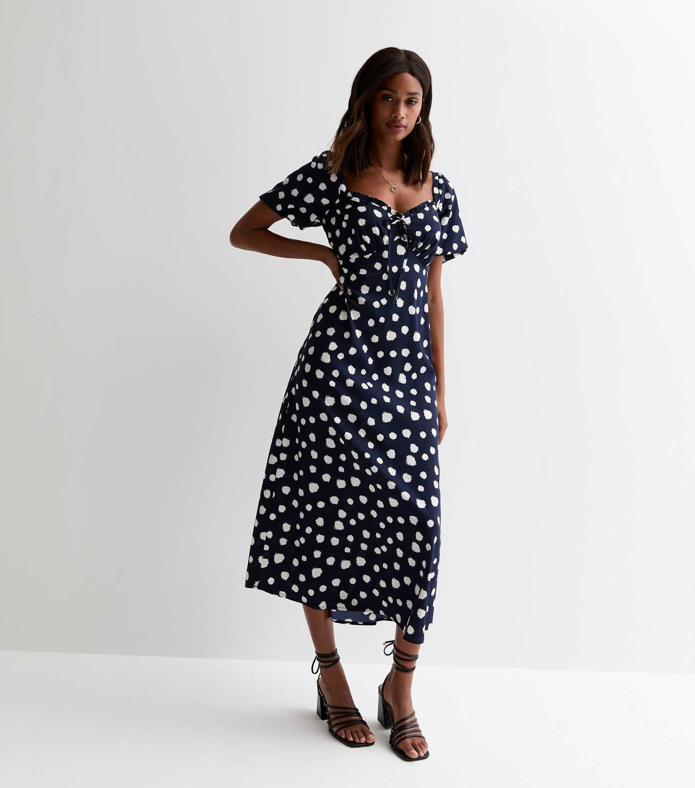 Blue Spot Puff Sleeve Milkmaid Midi Dress | New Look | New Look (UK)
