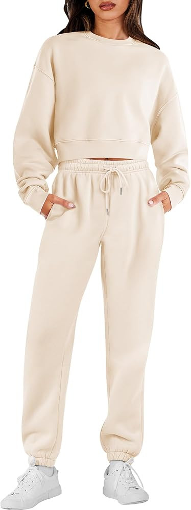 ANRABESS Women's Two Piece Outfits Long Sleeve Crew Neck Crop Sweatsuit with Jogger Pants Lounge ... | Amazon (US)