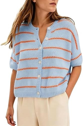 QIBABU Womens Short Sleeve Striped Cardigan Casual Button Down Crewneck Summer Lightweight Croppe... | Amazon (US)