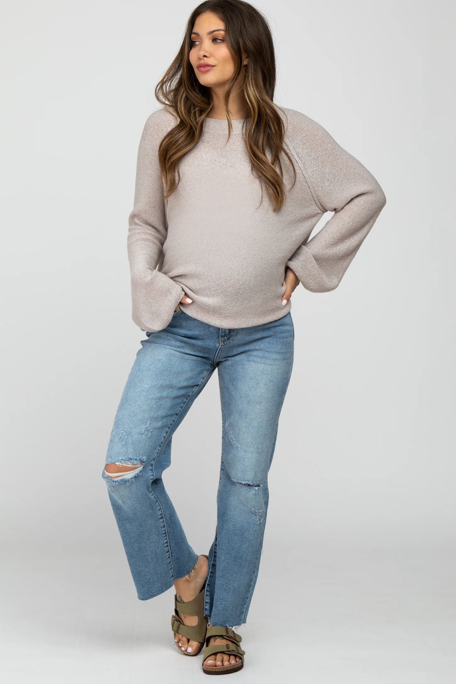 Blue Straight Leg Frayed Hem Maternity Jeans | PinkBlush Maternity