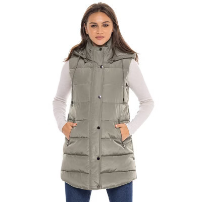 Women's Long Puffer Vest with Hood - S.E.B. By SEBBY Tan Small | Target