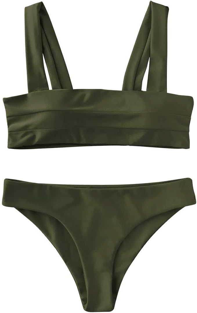 ZAFUL Women's Wide Straps Padded Bandeau Bikini Set | Amazon (US)