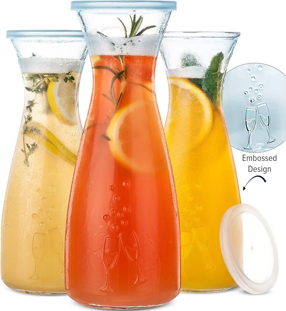 PRESTIGE Mimosa Bar Glass Carafe With Lids - 27oz Glass Mimosa Pitcher w/Plastic Carafe Lid, Wine... | Amazon (US)