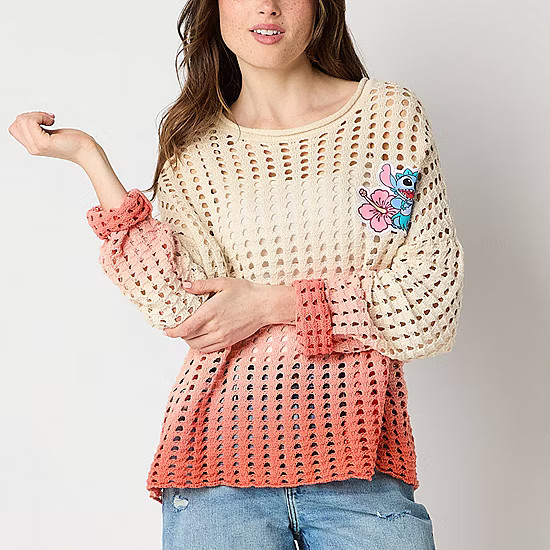 new!Juniors Womens Round Neck Long Sleeve Lilo & Stitch Pullover Sweater | JCPenney