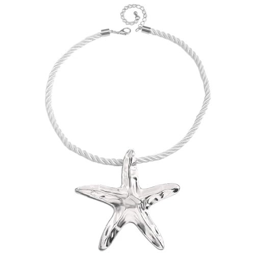 Dtja Large Starfish Pendant Necklace for Women Handmade Hammered Star Shaped Ocean Sea Marine Life Rope Chain Adjustable Necklaces Fashion Chic Beach Holiday Party Jewelry 20" (Silver) | Amazon (US)