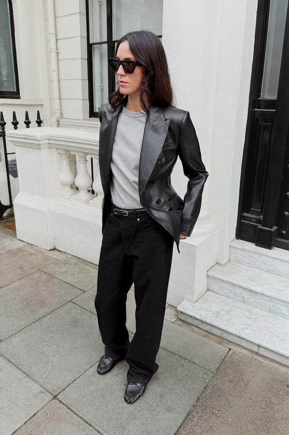Zara - Leather Effect Double-Breasted Blazer - Black - S - Woman | Zara UK
