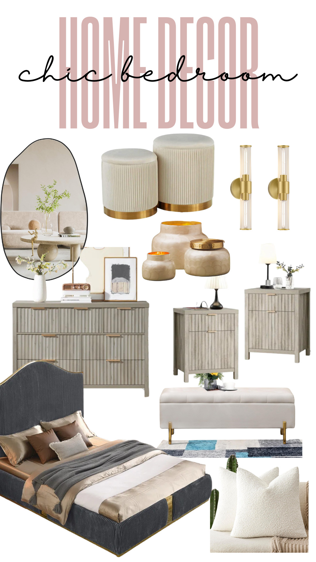 If you love luxury home decor on a budget, this neutral & gold bedroom is for YOU! 😍 From cozy bouclé pillows to modern nightstands & dressers, these pieces create the perfect elevated and stylish bedroom.

💫 Bedroom Styling Essentials:
✔️ Velvet upholstered bed with gold accents (so luxe!)
✔️ Neutral nightstands & matching dresser (sleek & modern)
✔️ Gold & marble stools (the perfect accent!)
✔️ Glass wall sconces (elevate your lighting game!)
✔️ Storage bench (functional + stylish!)
✔️ Cozy bouclé pillows (trendy & comfy!)
✔️ Aesthetic candles (because ambiance is everything!)

🏡 Perfect for: Luxury Bedroom | Modern Home Aesthetic | Neutral Decor | Chic Interiors 

 

#LTKHome