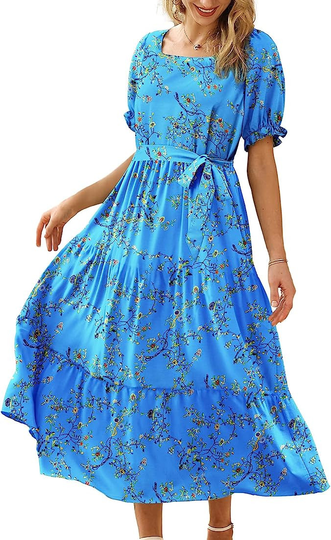 YESNO Women's 2023 Summer Casual Square Neck Floral Dress Ruffle Puff Short Sleeve Belted Maxi Dr... | Amazon (US)