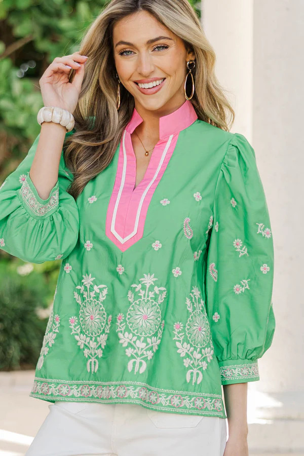 Windswept Whimsy Green Embroidered Blouse | The Mint Julep Boutique