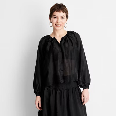 Women's Balloon Long Sleeve Flowy Sheer Boho Top - Future Collective Black S: Relaxed Fit, Crew Neck, Lightweight Woven Fabric | Target
