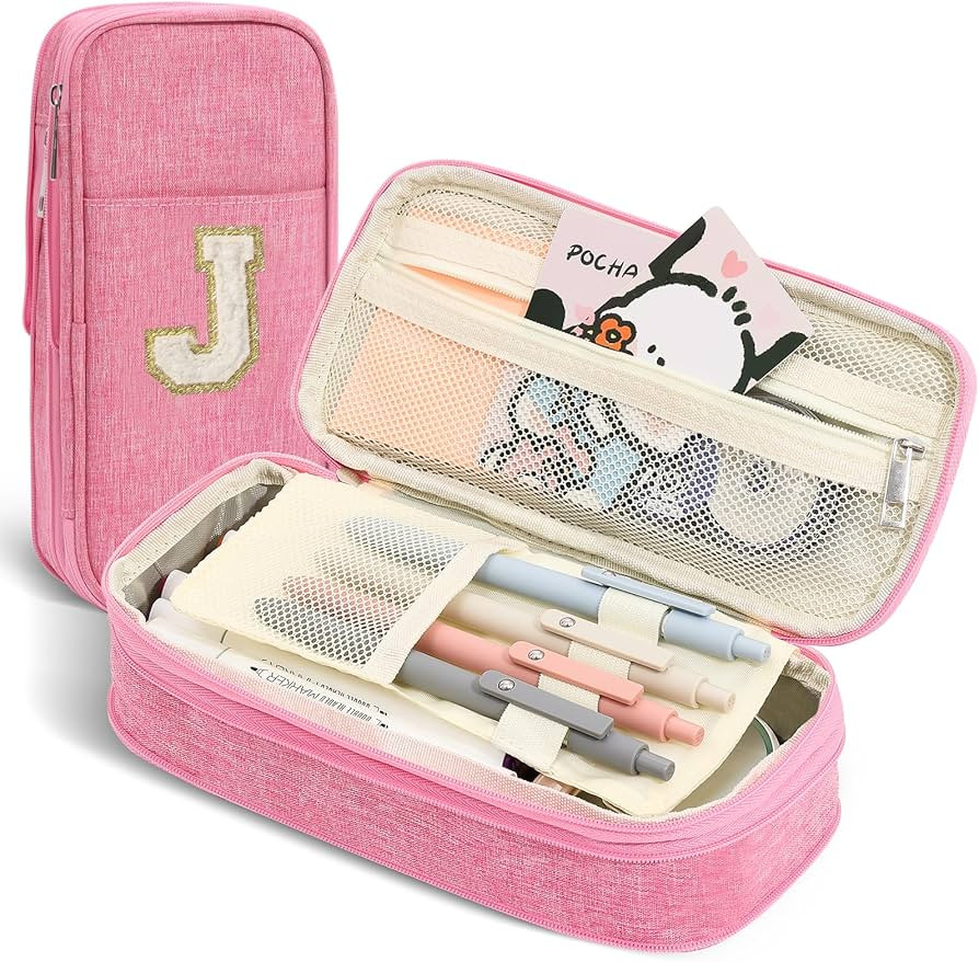 Preppy Pencil Case for School Supplies, Large Initial Pencil Pouch with Zipper, Cute Pencil Bag f... | Amazon (US)