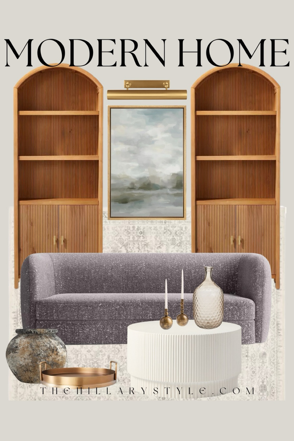 Modern Home: home decor and furniture finds for the modern organic home. Natural wood bookshelf, modern sofa, modern couch, fluted round coffee table, abstract framed art, brass picture light, smoke vase, ceramic terrra cotta vase, brass tray, brass candle holder, neutral area rug. Target, west elm, Pottery Barn, Wayfair, World Market.

#LTKSeasonal #LTKHome #LTKStyleTip