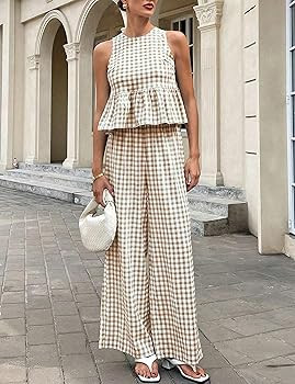 Tanming Women's 2 Piece Set Outfits Gingham Plaid Tank Tops Wide Leg Pants Matching Lounge Sets | Amazon (US)