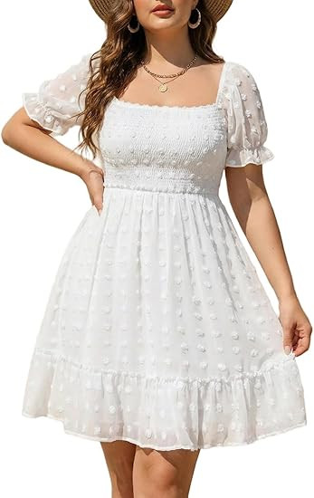 Talisea Plus Size Square Neck Graduation Summer Casual Sundress Chiffon Swiss Dot Ruffle Flowy Sh... | Amazon (US)