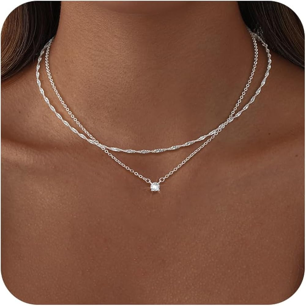 Dainty 14K Gold Plated/Silver Cubic Zirconia Diamond Necklaces for Women,Simple CZ Layered Gold S... | Amazon (US)