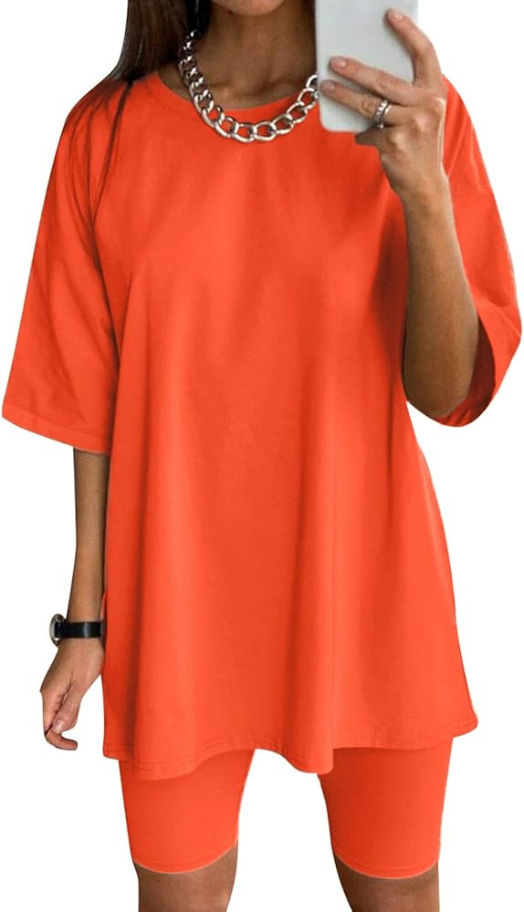 Glamaker Women 2 Piece Outfit sets Casual Oversized T-Shirt Tops Biker Shorts Workout Sports Trac... | Amazon (US)