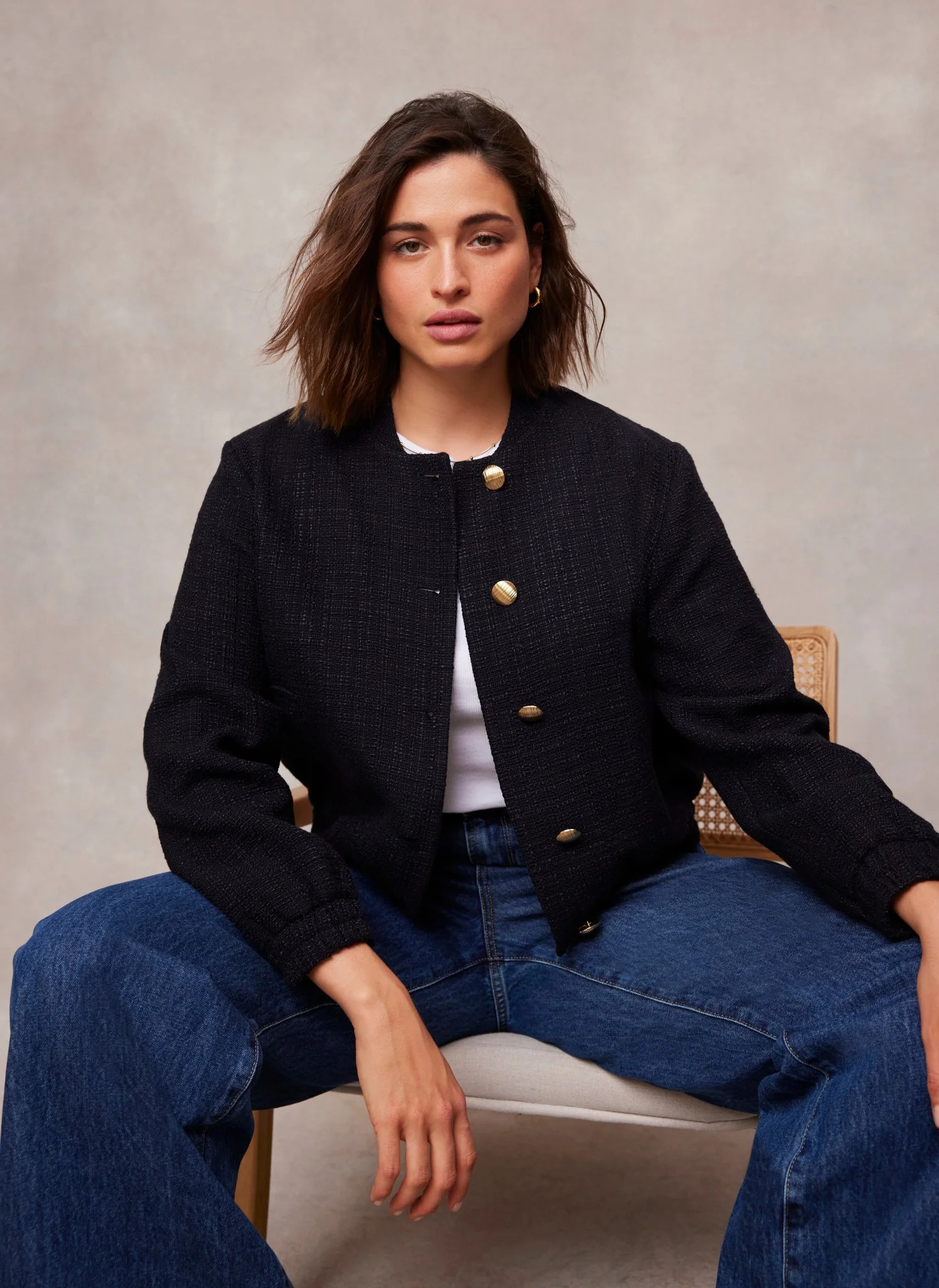 Navy Boucle Bomber Jacket | Mint Velvet