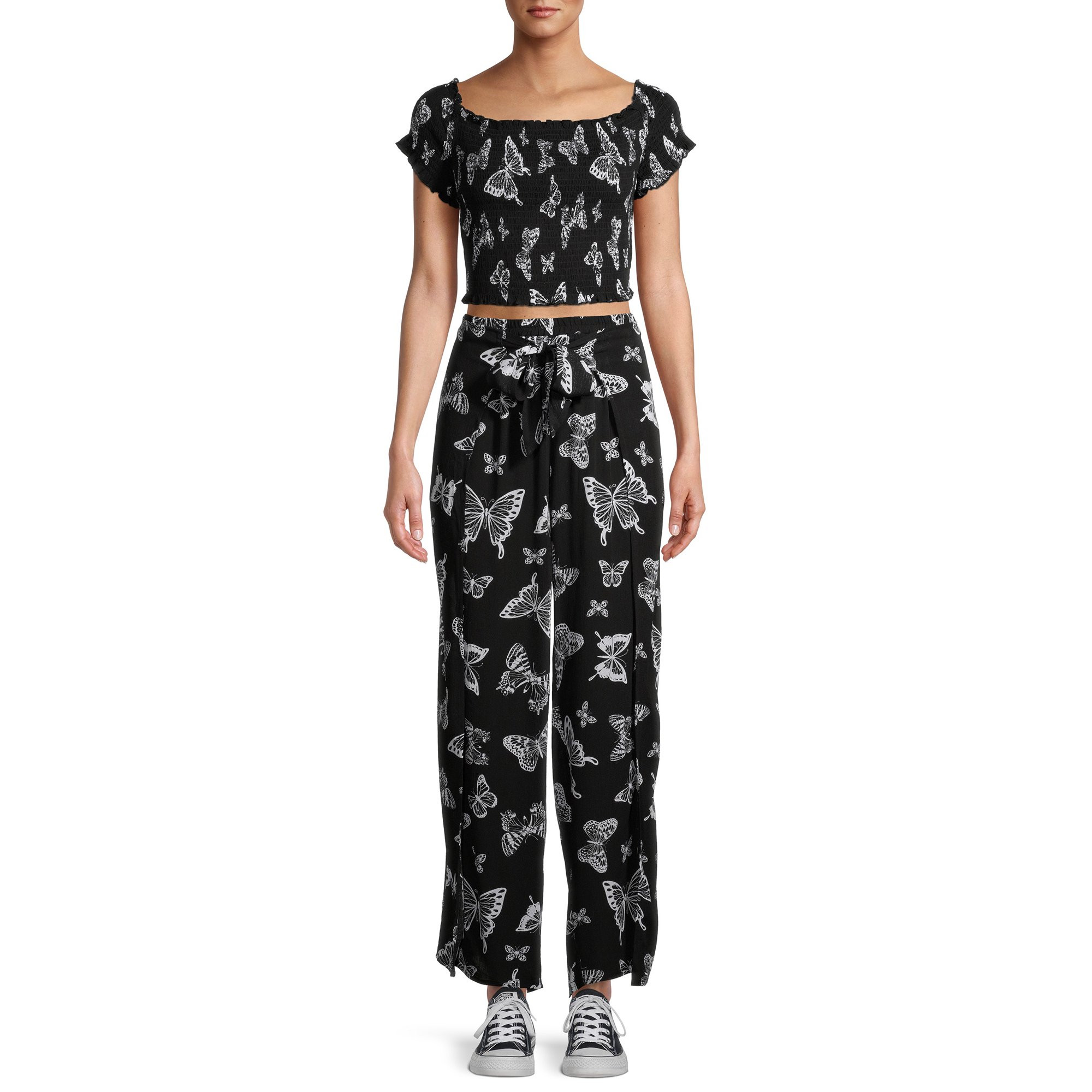 No Boundaries Juniors' Smocked Top and Wide Leg Pants Set | Walmart (US)