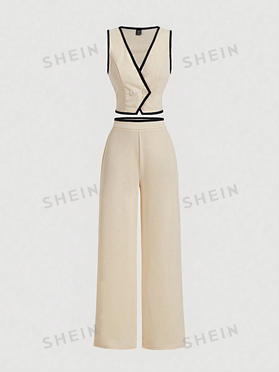 SHEIN MOD Vintage Color Block Trim Women's Suit Set, Blazer Jacket And Pants, Early Autumn Outfit... | SHEIN